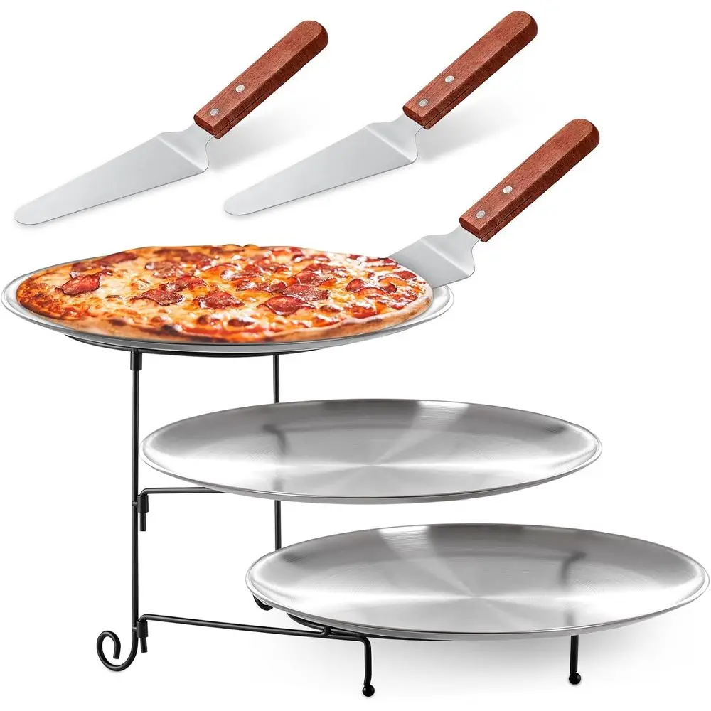 

Set of 7 Pizza Tools: 1 Tiered Tray, 3 Pans, 3 Knives for Party & Restaurant Use