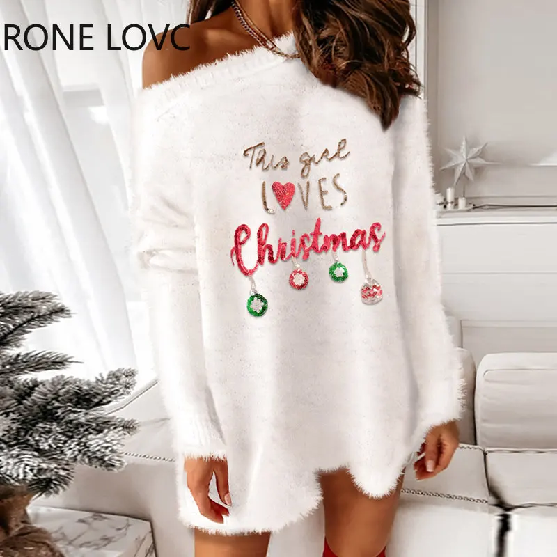 

Women Chic Basics Letter&christmas Pattern Long Sleeves Basics Loose Blouse Knitting Tops