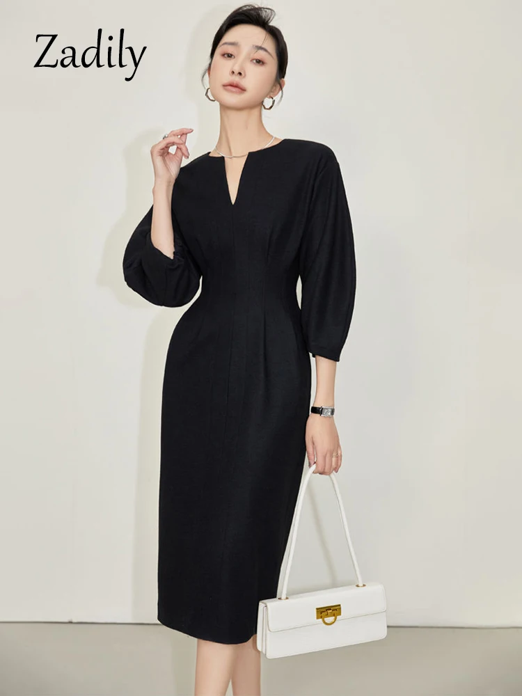 Zadily 2023 Autumn Office Lady Three Quarter Sleeve Women Black Mid Dress Elegant Pocket Loose Empire V Neck Work Ladies Dresses