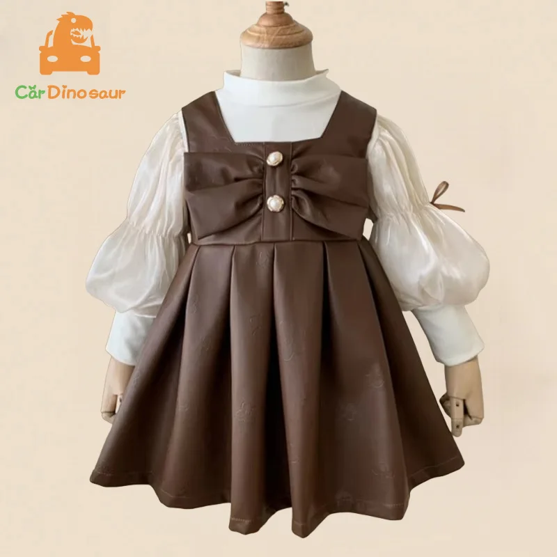 2025 Spring Autumn 1 2 3 4 6 8 10 Years Children Clothing Puff Sleeve T-Shirt+Leather Vest Dress Two Pieces Suits Kids Girls Set
