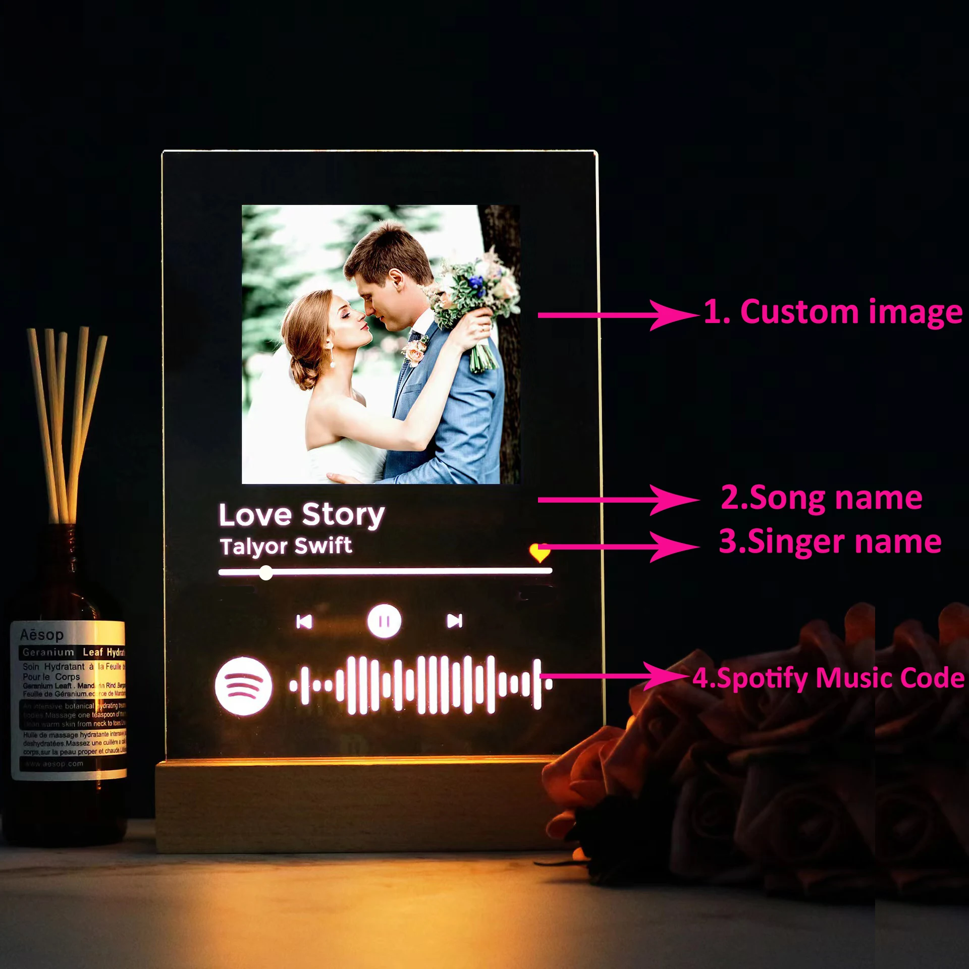 Personalised Acrylic Spotify Photo Plaque with LED Night Light Gift for Her Him Printed Photo with Stand Custom Couple Gift