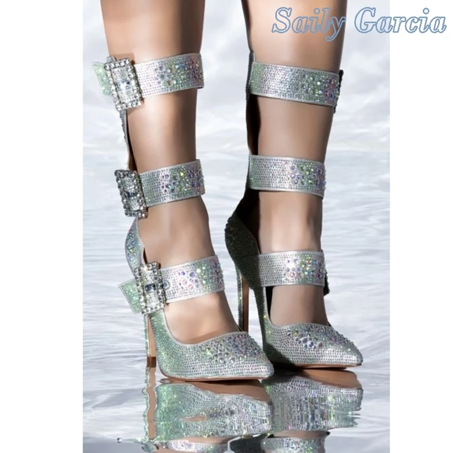 

2024 Pointed Toe Rhinestone Concise Woman Summer Stiletto Heel Buckle 2024 Fashion New Arrival Runway Knee High Catwalk Shoes