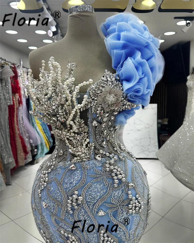 Arabic Woman Blue Beaded Pearls Mermaid Celebrity Party Dress 3D Lace Ruffles Evening Prom Occasion Gowns Robe de Soiree Elegant