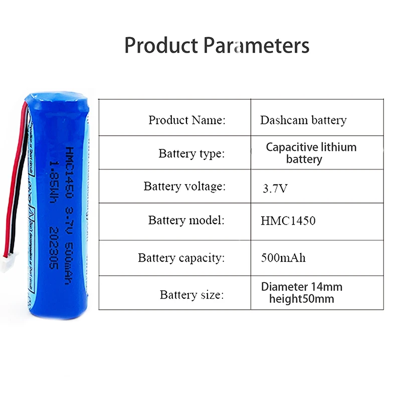 70mai - Batterie li-ion 3.7V 500mAh, pour Smart kamera na deskę rozdzielczą Pro ,Midrive D02 HMC1450, avec prise 3 fils, 14x50mm et outils inclus