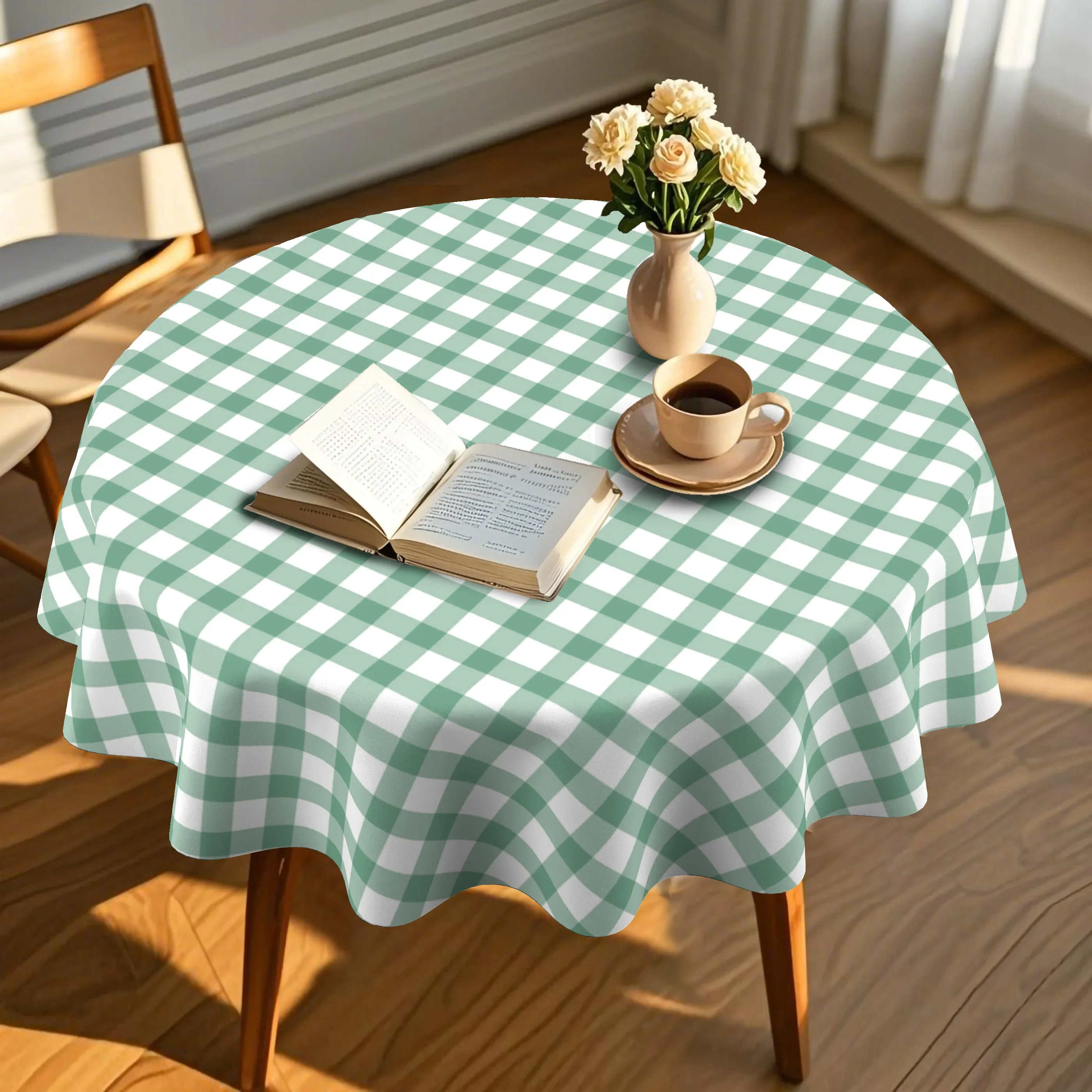 One-piece [check, stripe] round tablecloth, patterned round tablecloth, suitable for covering the kitchen table at homexzj