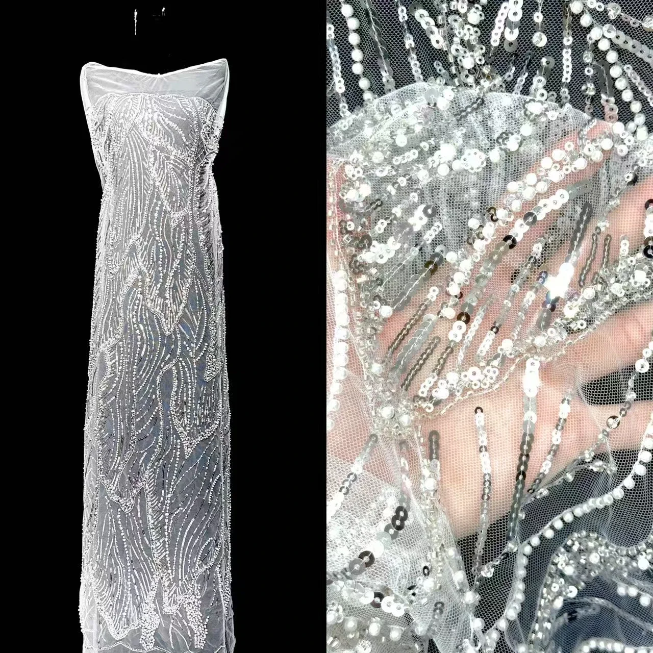 Nueva tela de encaje de tul africano negro 2025 tela de encaje bordado de lentejuelas de malla de alta calidad para mujer vestido de fiesta de noche CC1677