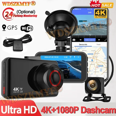 4K 차량용 DVR 비디오 레코더 GPS 와이파이 전후방 카메라 대시캠 차량용 후방 카메라 주차 모니터 블랙박스
