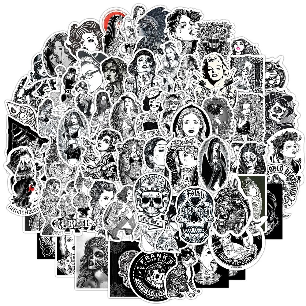 10/30/60PCS Retro Black White Tattoo Beauty Woman Stickers DIY Laptop Motorcycle Phone Luggage Notebook Bike Car Graffiti Toys