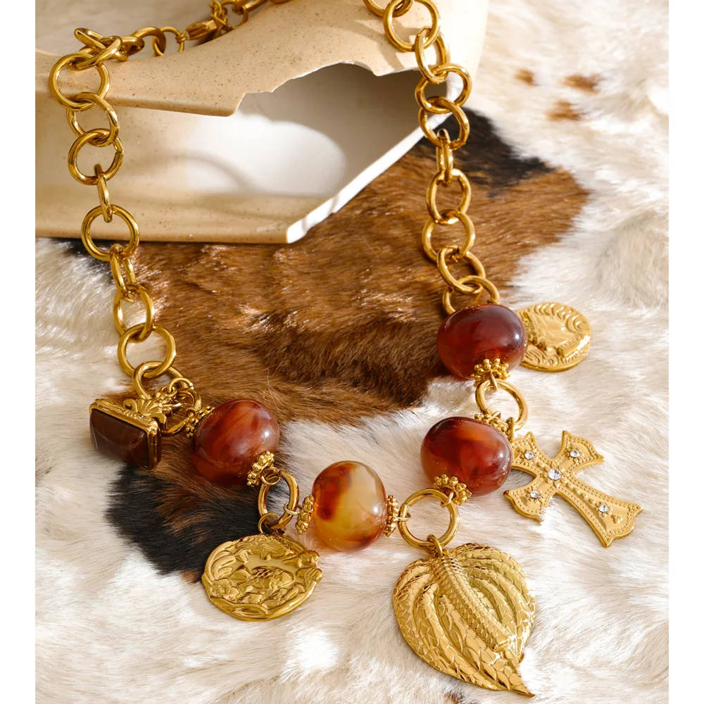 Yhpup Vintage Resin Round Leaf Cross Charms Pendant Drop Statement Necklace for Women Stainless Steel Handmade Sweater Jewelry
