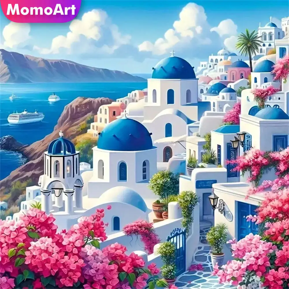 

Momoart Diamond Mosaic House Landscape Painting Aegean Sea DIY Picture Of Rhinestones Embroidery Seaside Handicraft