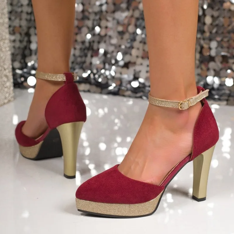 

Spring Women Pumps Flock Sweet Thick High Heels Ankle Strap Female Platform Classic Round Toe Dress Cute Shoes Ladies Footwear