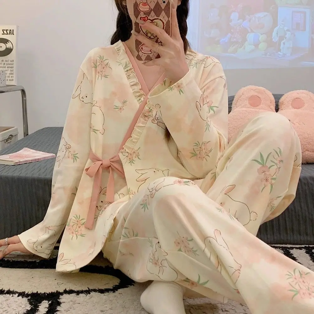 

Pajama Sets Vintage Women Cashmere Knitted Heart Applique V Neck Full Length No Fade Sleepwear Anniversary Present Autumn Deluxe