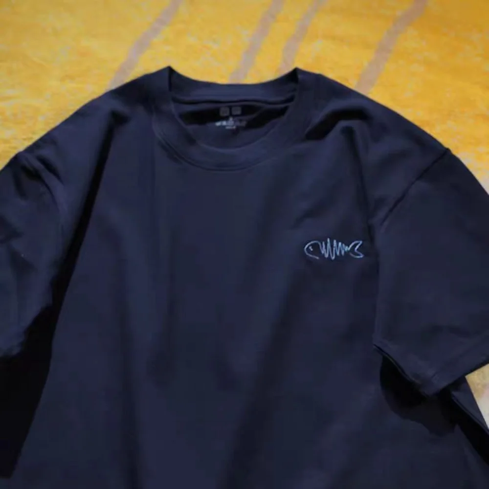 Minimalist Fish Embroidered T-Shirt Couple Matching Cotton Tee Unisex Casual Oversized Loose Fit Short Sleeve Streetwear Top