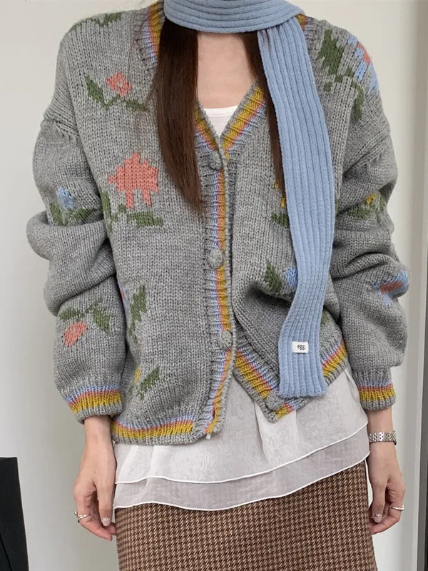 Coreano sle thiened malha v-ne único botão flor bordado aberto cardigan feminino faion outerwear camisola casaco