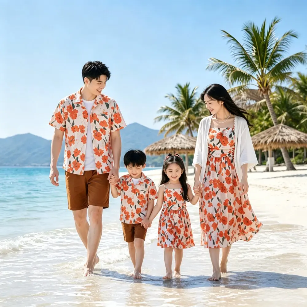 Vacation Family Matching Outfit Dad Son Floral Shirt Shorts Mom Daughter Strap Dress Couple Beach Resort Parent Child Clothes