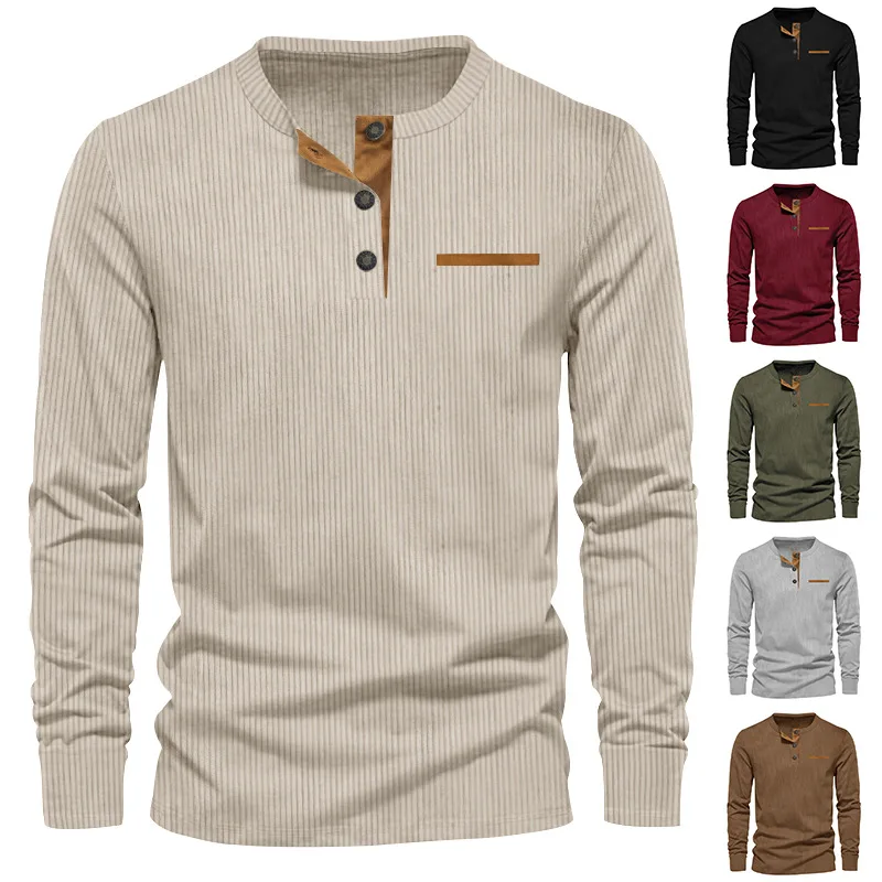 2026 New Fall Men's Corduroy Henley Shirt Slim Fit Long Sleeve Casual T Shirt, Solid Basic Daily Wear Tops for Men
