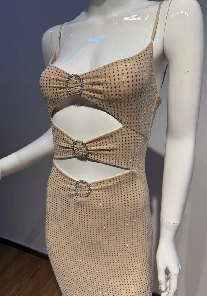 Glamour abito lungo ritagliato impreziosito da cristalli nudi – Abito da sera senza maniche con spacco alto per donna