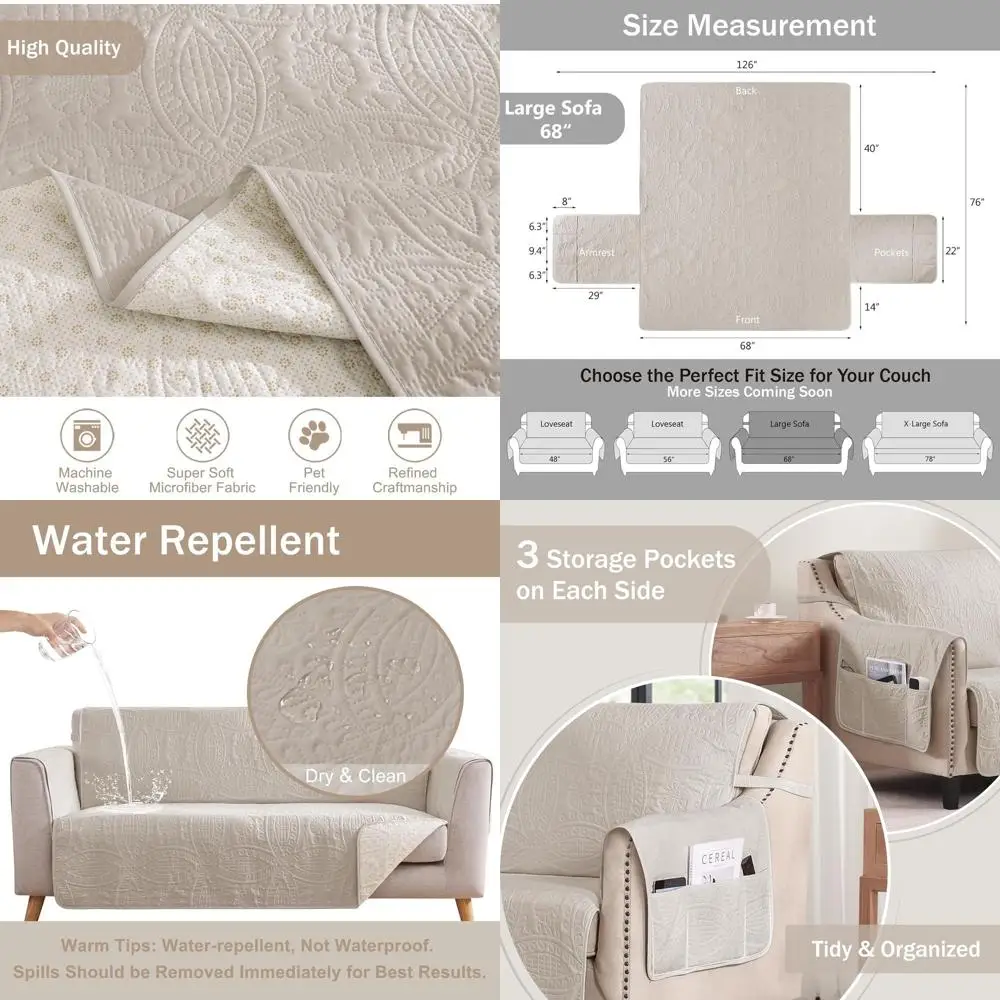 

Beige Quilted Sofa Slipcovers with Pockets, Anti-Slip for 3-Cushion Sofas, Pet-Friendly, Water-Resistant, Machine Washable (Larg