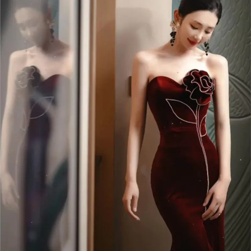 Elegant style three-dimensional rose breast fish tail toast dress banquet performance