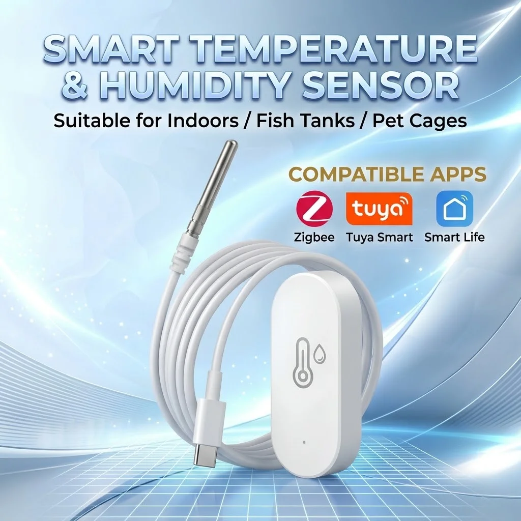Temperature Humidity Sensor with Probe Liquid Temperature Detection For Indoor and Outdoor Work with Smart Life Tuya Hub Z2M