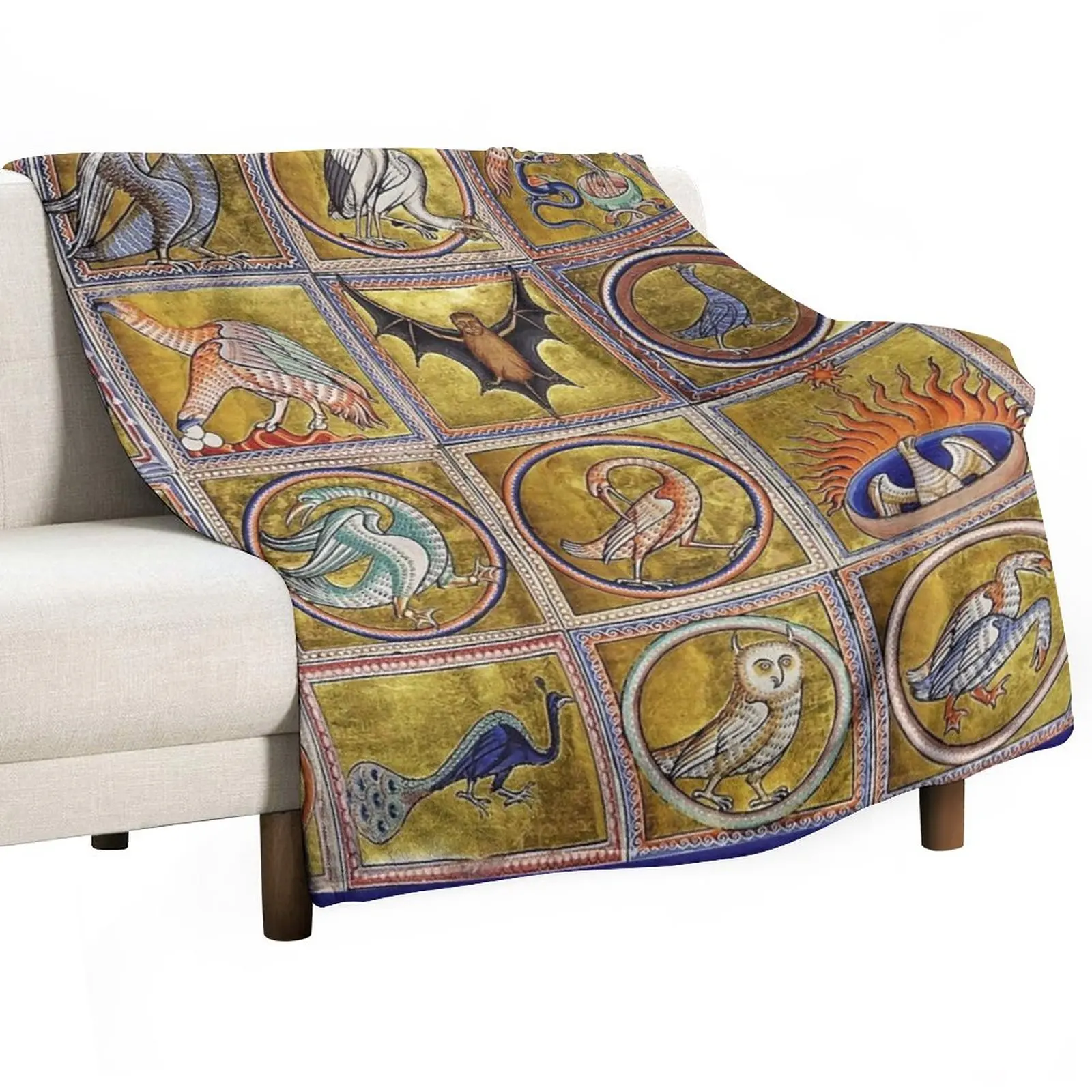 MEDIEVAL BESTIARY, FANTASTIC ANIMALS IN GOLD RED BLUE COLORS Throw Blanket Thermal Cute Blankets