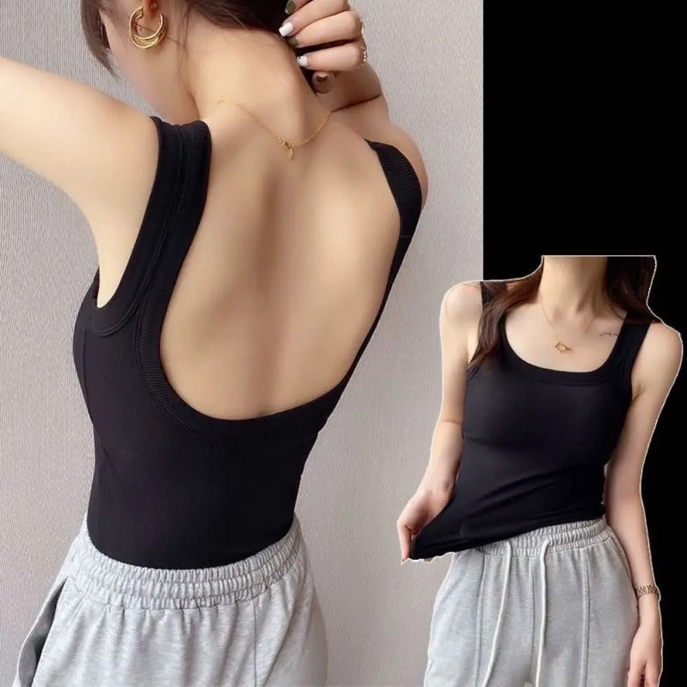 Fashion Solid Color Bodycon Top with Chest Pad Sleeveless Tank Top Clubwear Backless Vest for Women