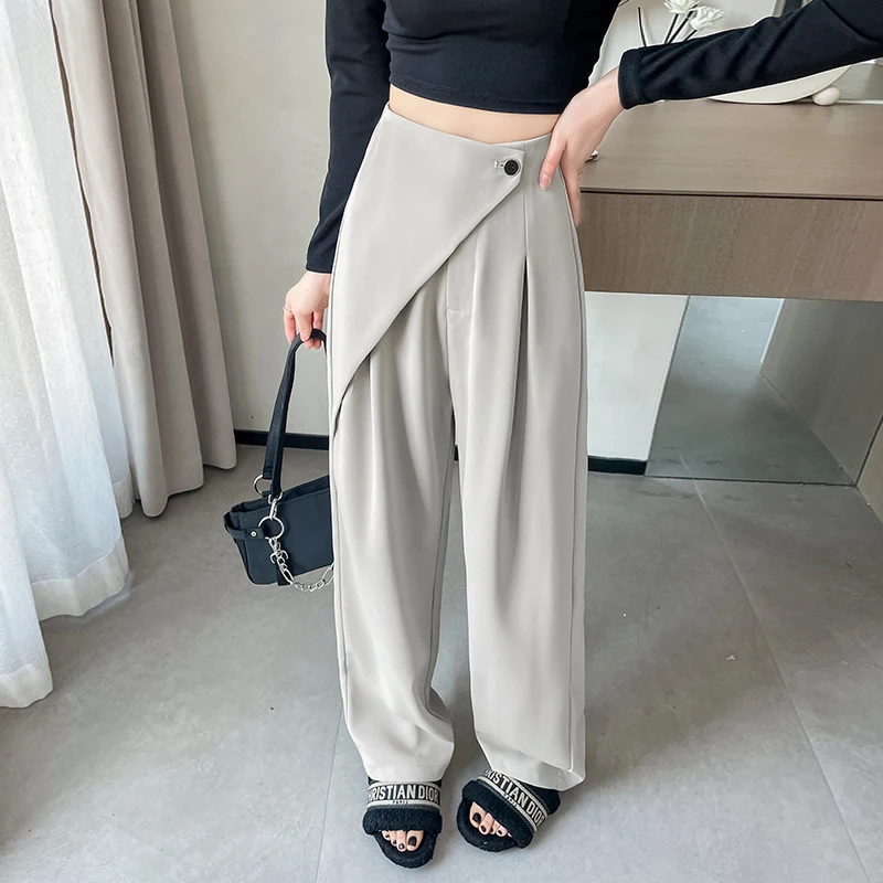 New Chinese style high-end suit pants, women's high waisted pleated straight leg pants with irregular design and wide leg pants