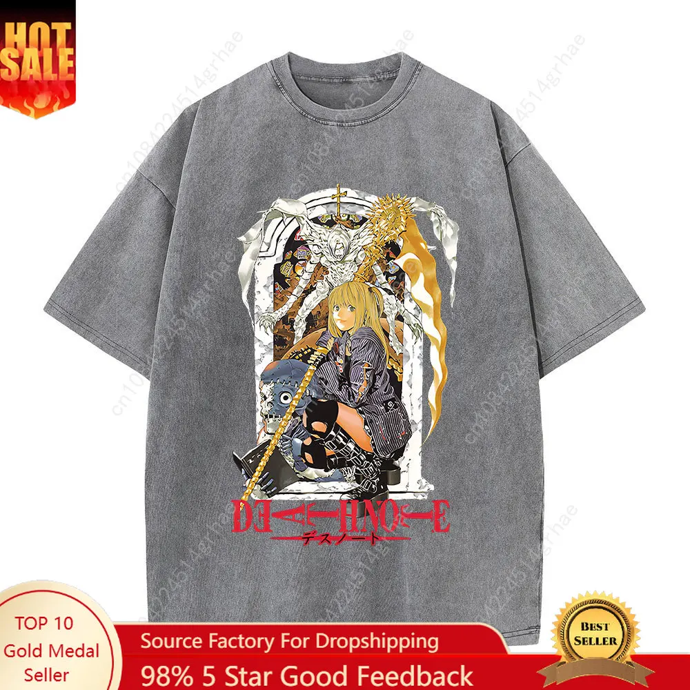 Hip Hop Retro Washed T-Shirts Punk Gothic Anime Death Note Print T-Shirts Harajuku Casual Cotton Vintage Short Sleeve Top Tee
