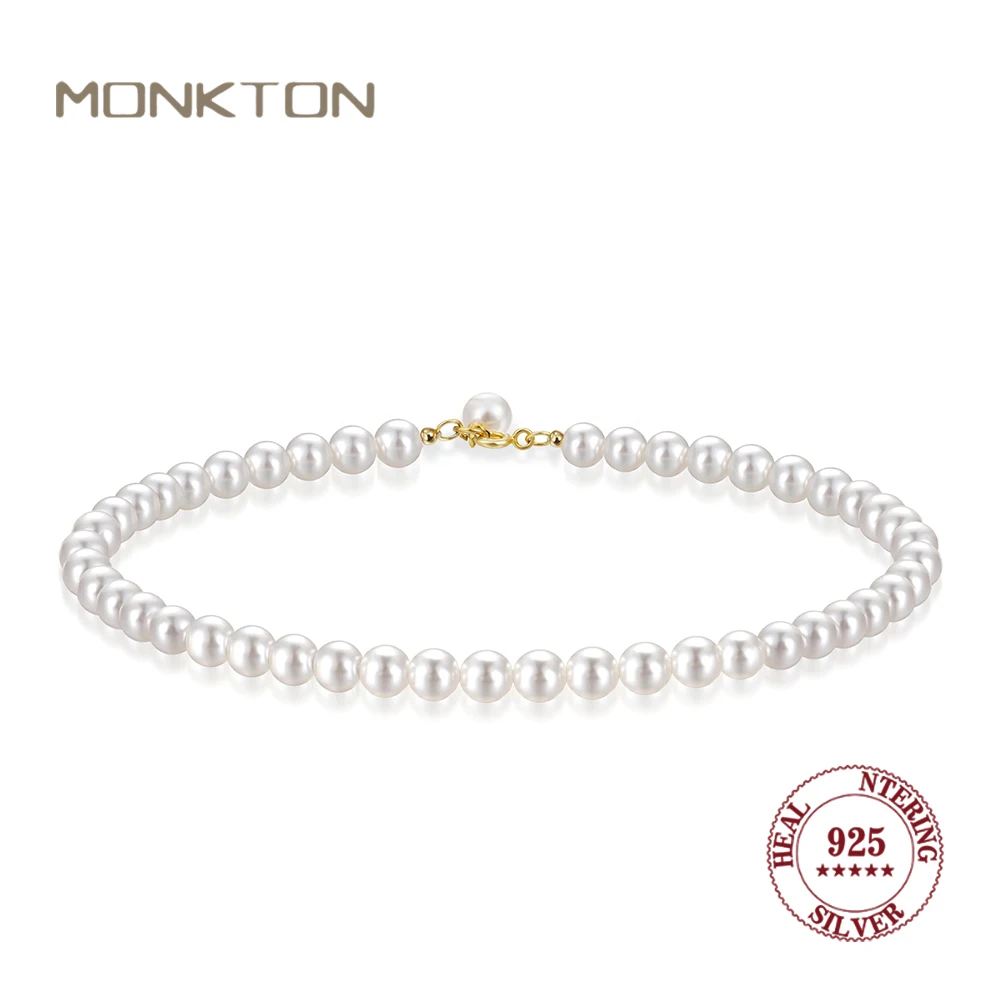 Monkton 925 Sterling Silver Pearl Charm Bracelet  for Women Girl 4-8MM Beaded Freshwater Cultured Pearl Bangle Bridal Jewelry