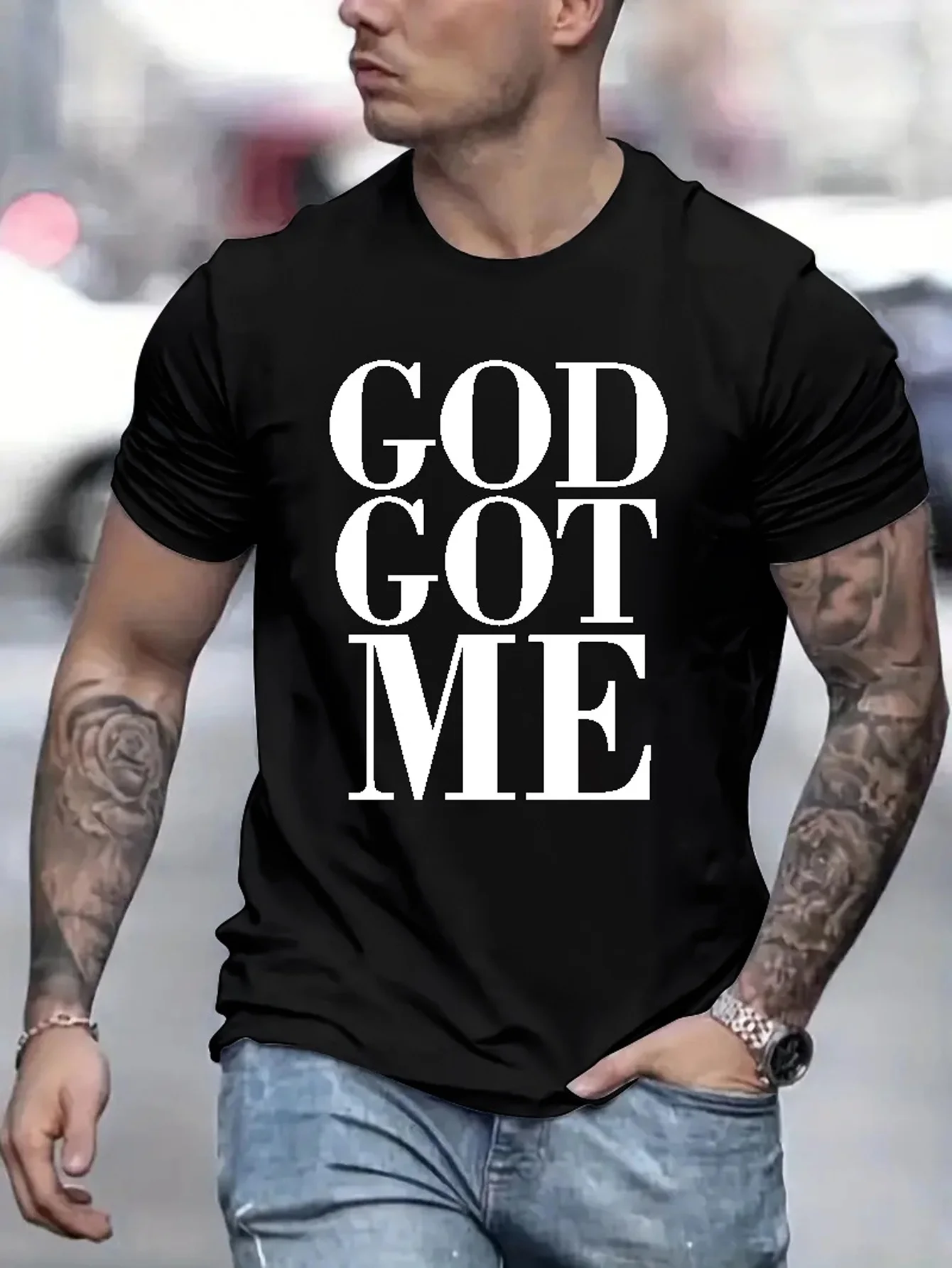 Men\'s Summer Loose Size 100% Cotton God Got Me Pattern Printed Slim Fit Casual Round Neck Short Sleeve T-shirt Top