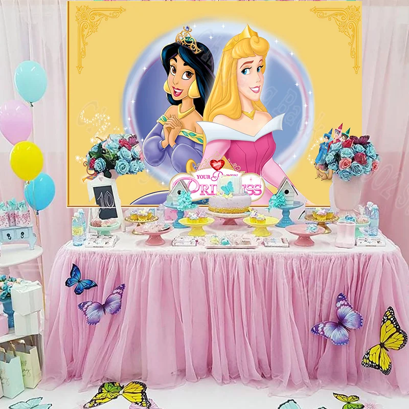 Disney Princess Aladdin Jasmine Birthday Backdrop Castle Tiana Frozen Stairs  Ariel Merida Aurora Snow White Cinderella Belle