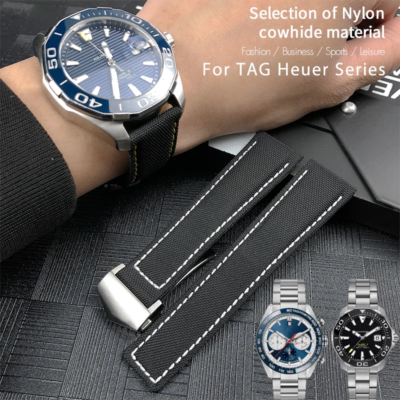 20mm 22mm High Quality Nylon Canvas Watch Band Suitable for Tag Heuer Aquaracer Carrera Watchband Black Leather Strap Free Tools