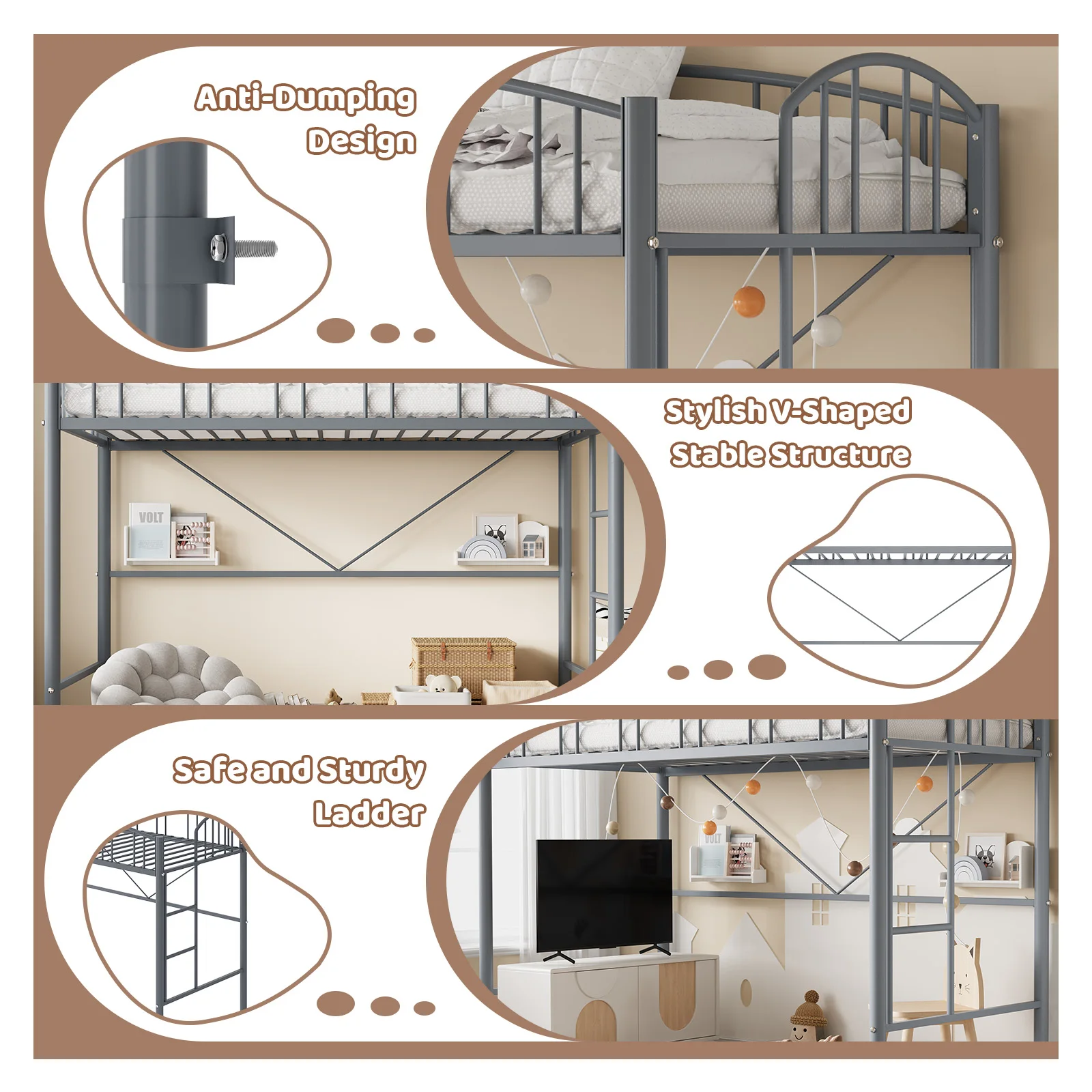 Twin Size Loft Bed with Ladder and Arched Guardrail, Heavy-Duty Steel Slat Support, Space-Saving Elevated Bed Frame, No Box Spring Required, Durable Safe Loft Bed for Kids and Adults