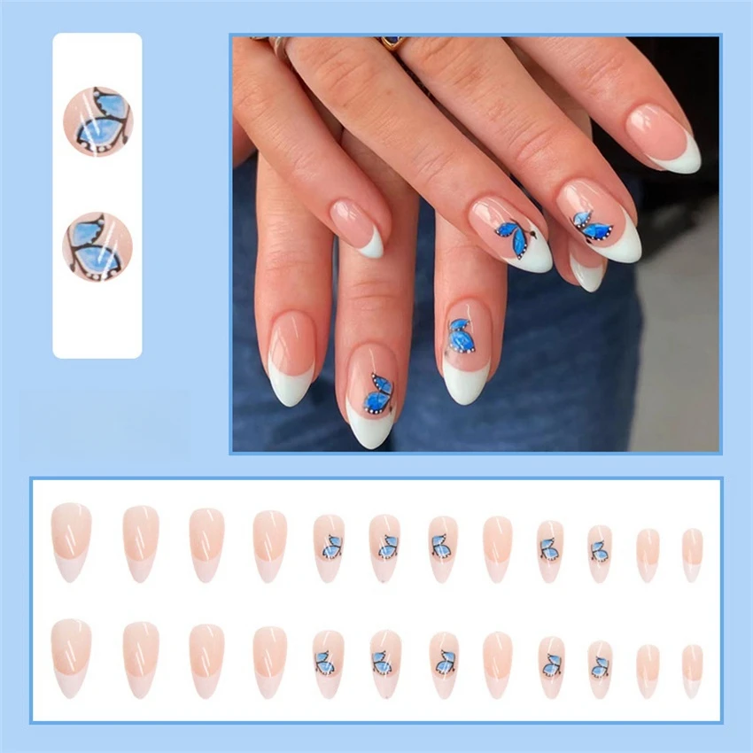 24Pcs/Set Blue Butterfly Round Head Fake Nails French Ice Pink Wearing False Nails Full Coverage Removable Press on Nail Tips