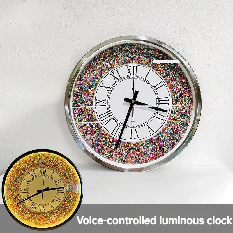 Home Luxury Wall Clock Colorful Diamonds Intelligent Voice Controlled Luminous Craft Clock Metal Silent Living Room Table Clock