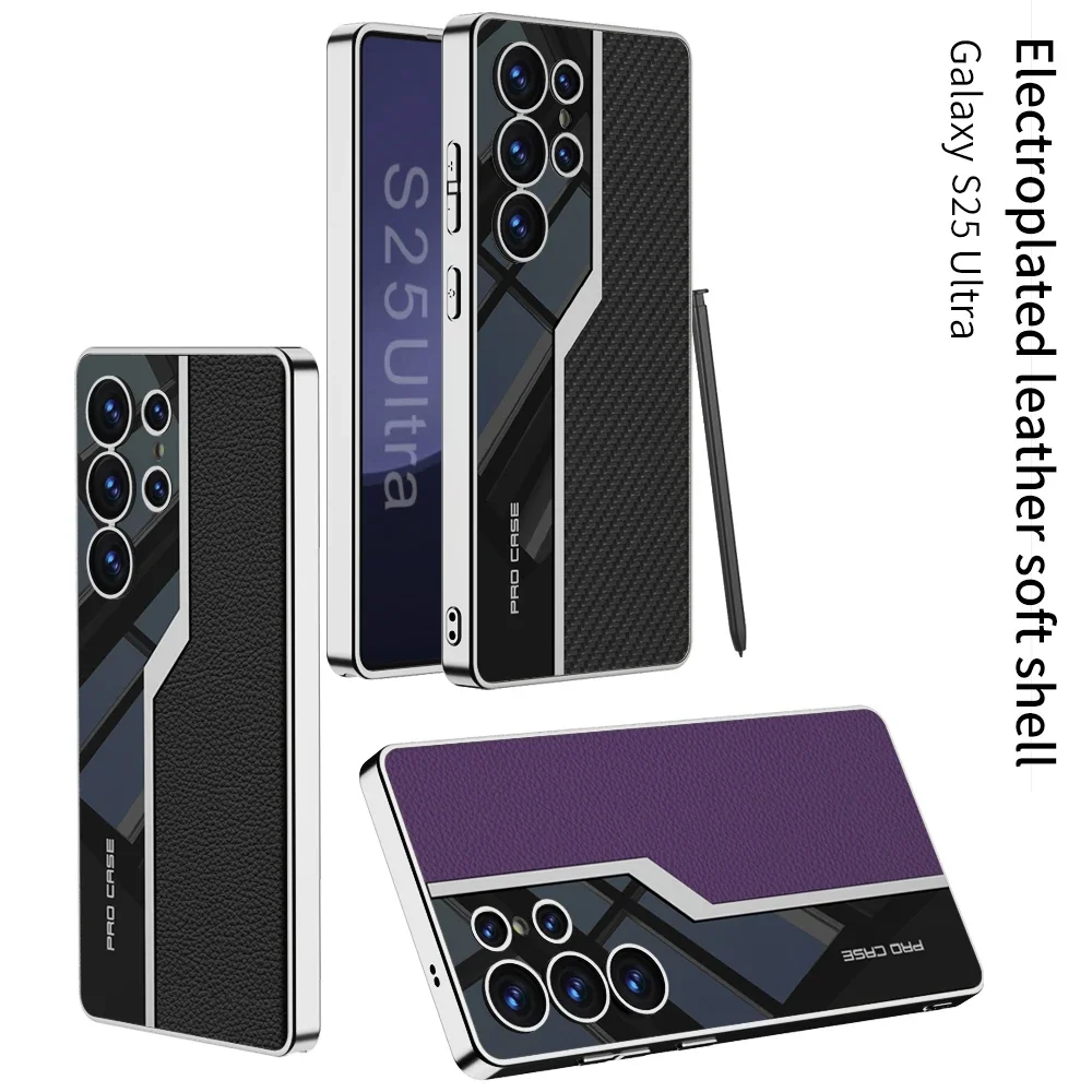 

Plain Leather Plating Case For Samsung Galaxy S25 S24 Ultra Shockproof Protective Soft Edge Cover For Galaxy S25 Ultra Cases