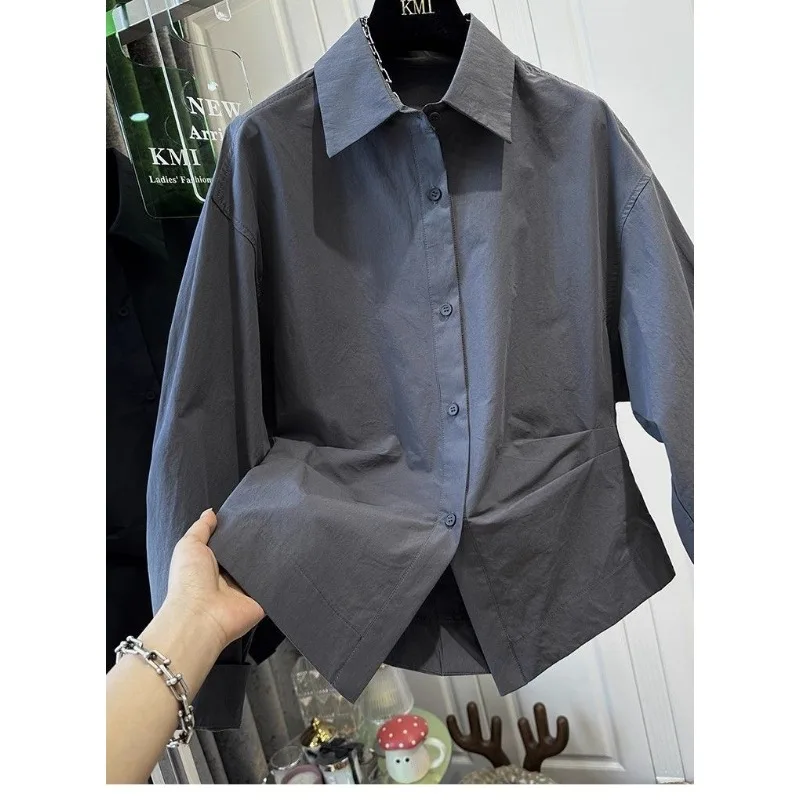 Tops de manga larga con cintura plisada de gama alta para mujer, camisas de Color sólido con solapa holgada, nuevo temperamento, primavera y otoño