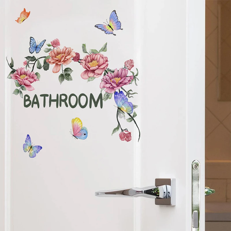 Beautiful Butterfly Flower Wall Stickers Toilet Bathroom Door Decoration Mural Home Decor Self-adhesive Beautify Wallpaper