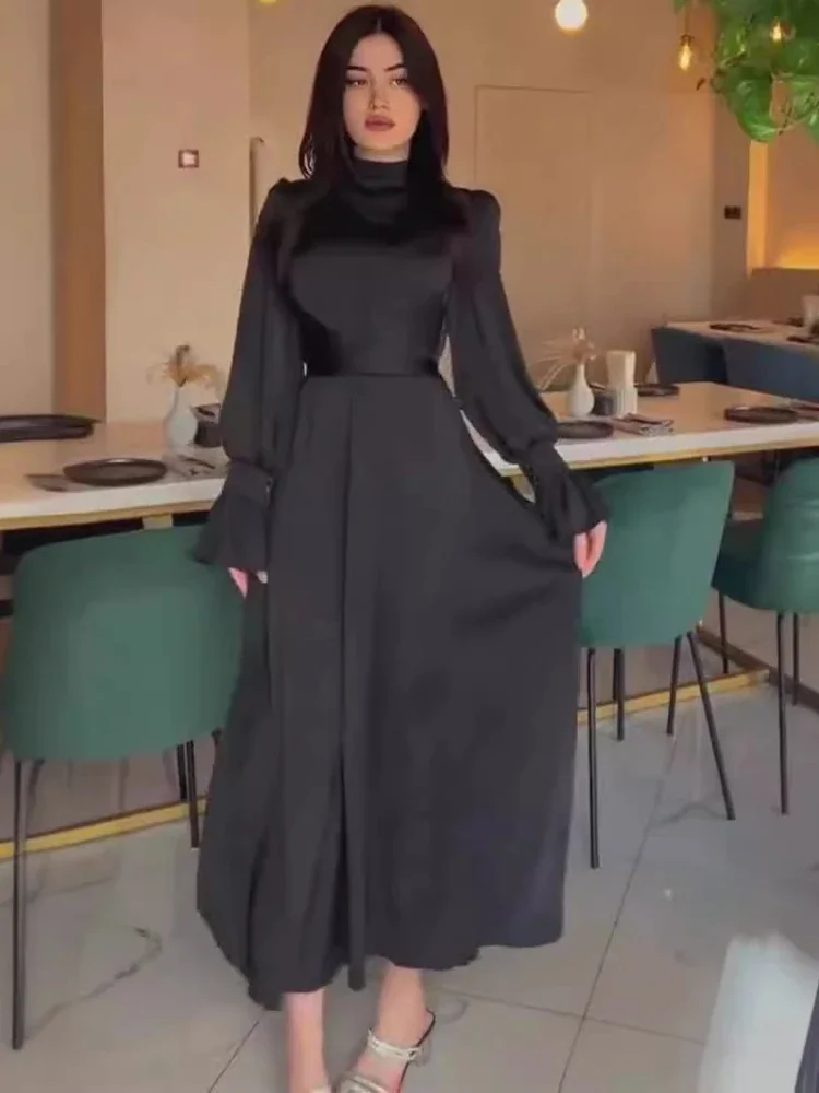 Eid Satin Party Dress for Women Flare Sleeve Abaya Vestidos Largos Dresses Ramadan Belted Islam Elbise Dubai Arab Long Robe 2024