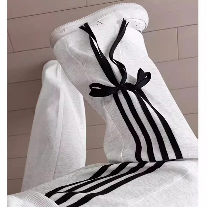 Feminino chique cintura alta calças soltas meninas chique listrado bowknots retalhos calças senhora moda perna larga calças casuais