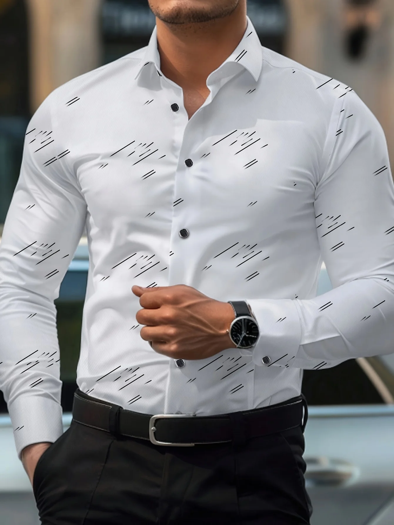 

Men's creative stripe pattern print lapel design dress shirt, long sleeve casual button down shirt for formal occasions