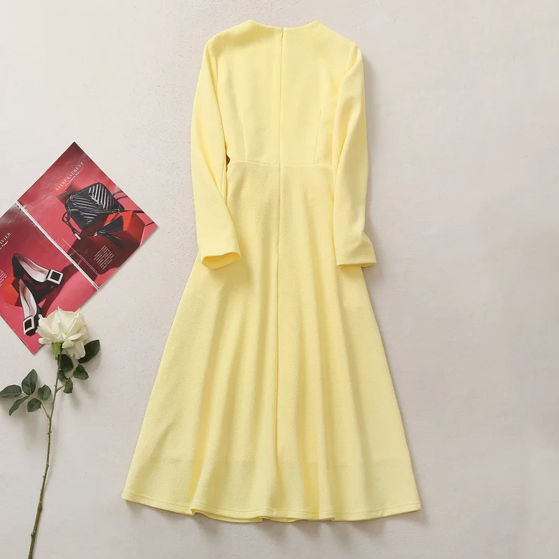 Kate Middleton Early Fall New Arrival Womens Round Neck Long Sleeve Waist Cinched Wrap Midi Dress Yellow Flowy A Line Silhouette view 2