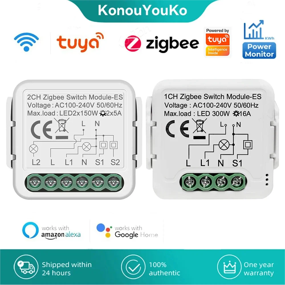 

Умный выключатель Tuya ZigBee, универсальный переключатель с монитором мощности, 2 канала, 1 канал, работает с Alexa Google