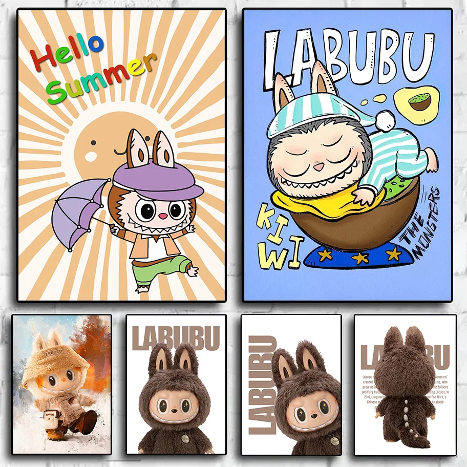 Cute Labu for Kids Cartoon Bunny Character Artwork Graffiti Oil Painting for Home Decor Modern Wall Art Labu Lover's Gift