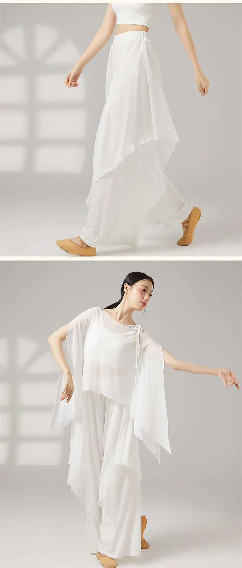 Damen-Hose für modernen Tanz, doppellagig, elastisch, hohe Taille, weites Bein, fließende Hose für klassischen Tanz, chinesisches Volkstanzkostüm – Detail 4