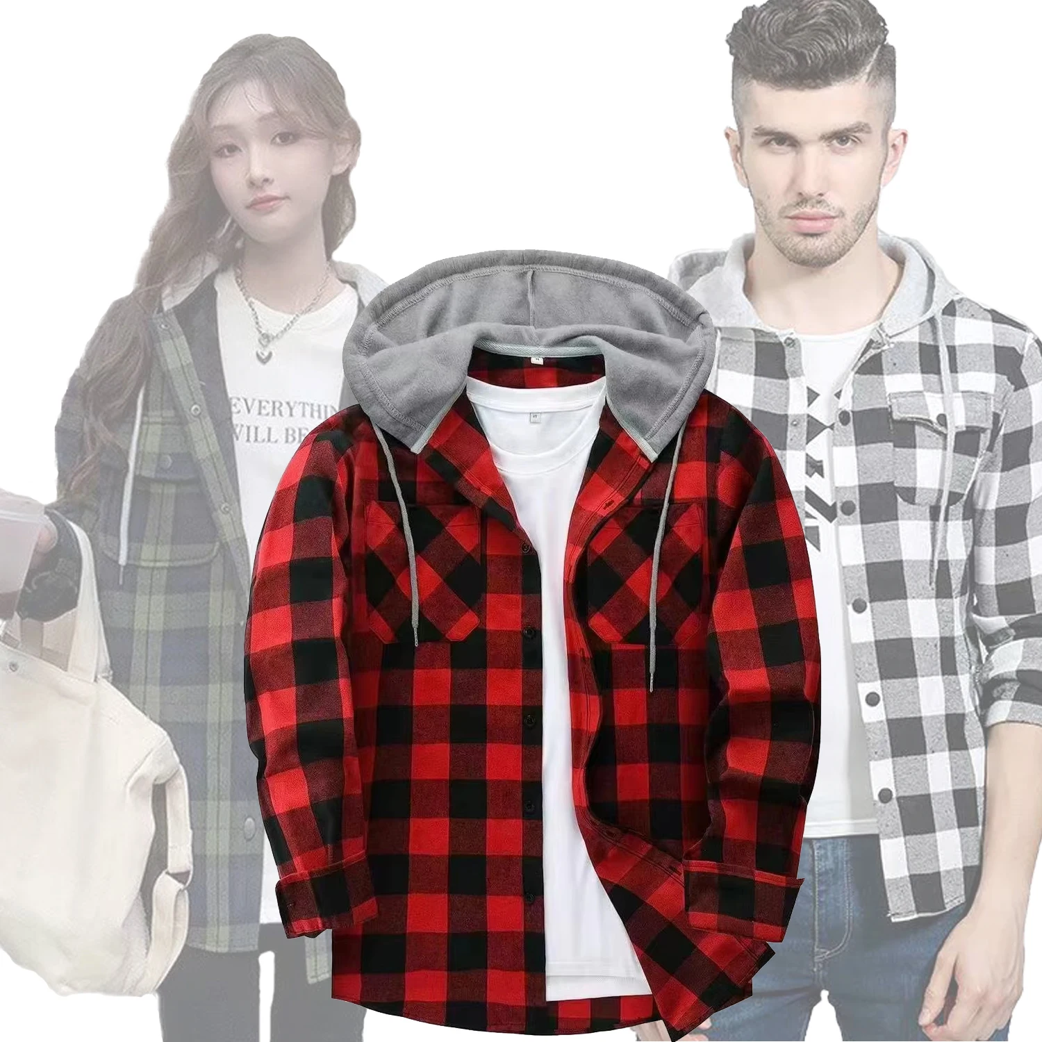 Fashion Couple Hooded Checkered Shirt Men's Casual Fit Long Sleeved Shirt Jacket Hip-hop Sports Outdoors Travel Shirt Men's Tops
