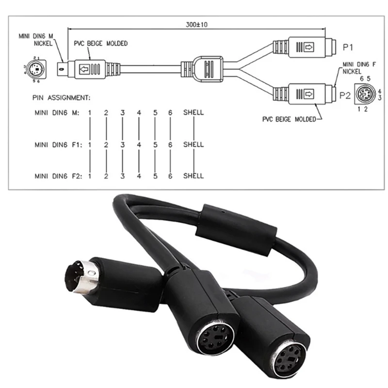30cm S-video Mini DIN 6-pin Splitter Y Adapter 1 male 2 female Cable 6pin PS/2 PS2 Data Cable to Keyboard and Mouse Interface