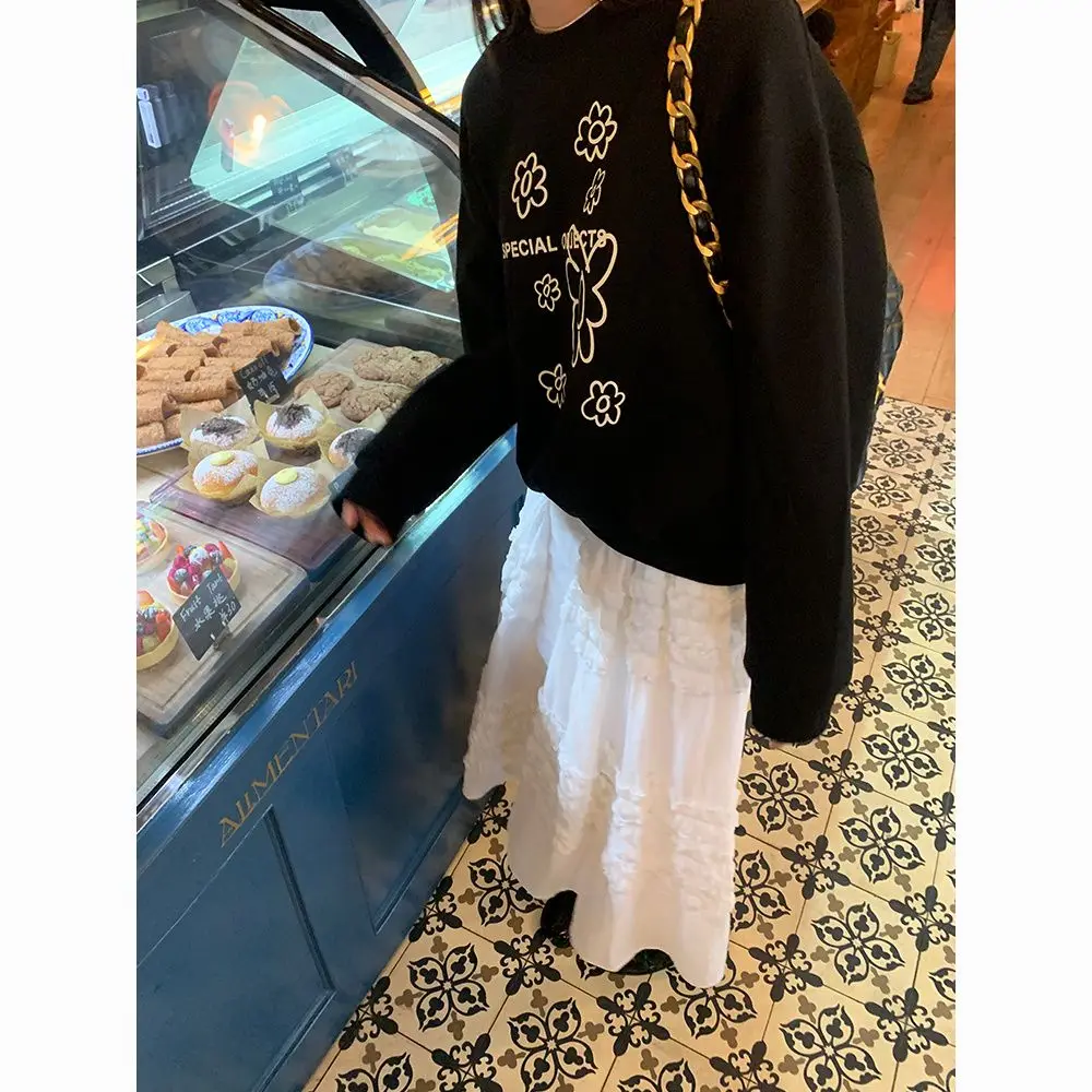 Preto impresso moletom feminino 2025 outono em torno do pescoço solto casual topos moda coreana manga longa hoodie streetwear