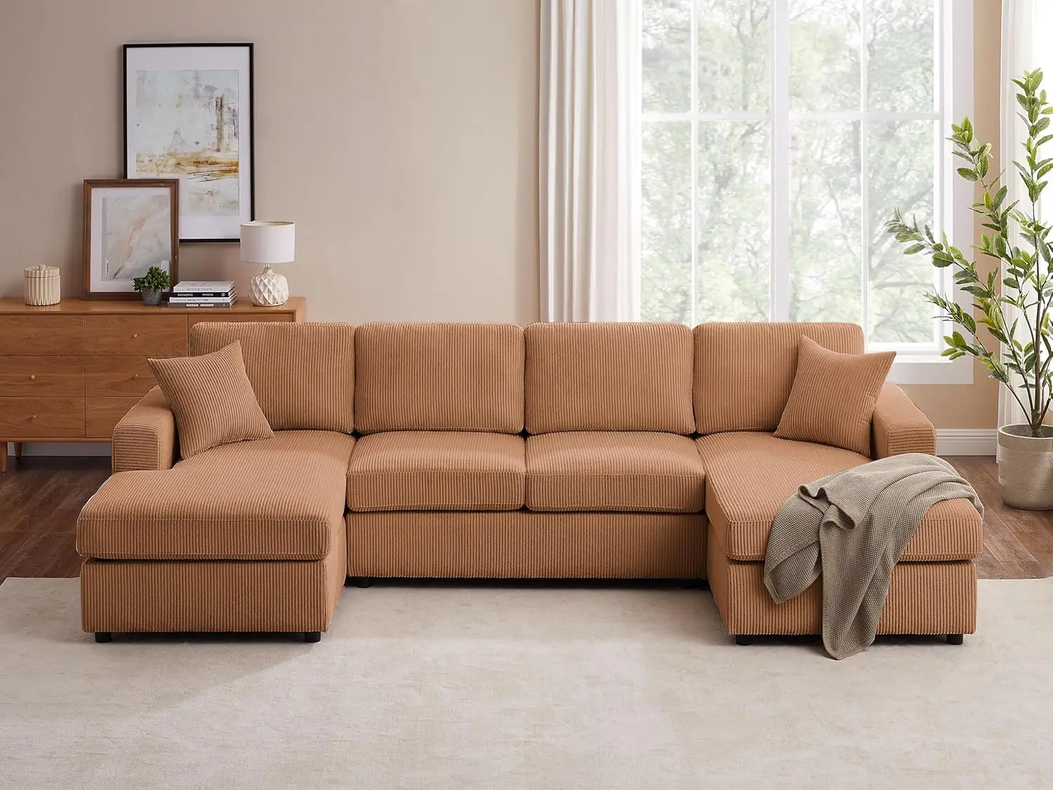 

118'' U Shaped Sectional Sofa Couch, Corduroy Fabric Modern Cozy Jumbo Size 6-Seater sofa, Double Chaise Longue, Curry