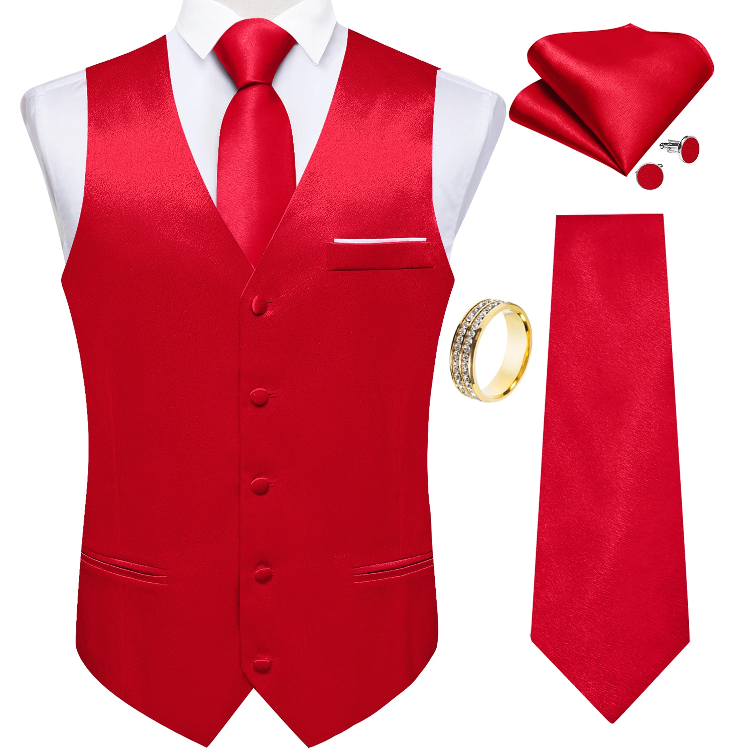 Bright Red Solid V-Neck Waistcoat Matching Kit Tie Square Cufflinks Shiny Ring For Groom Anniversary Dinner